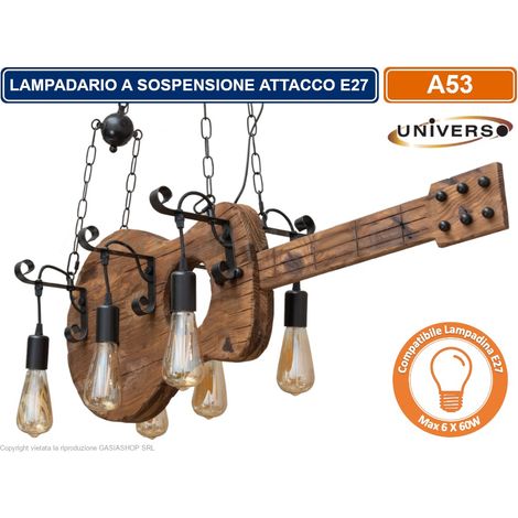 LAMPADARIO A SOSPENSIONE COUTRY RUSTICO IN LEGNO A FORMA DI CHITARRA CON 6 ATTACCHI E27 (1/2)