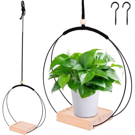Lot de 2 Suspension Plante Intérieure, Pot Suspendu Plante Intérieur en Macramé, Anneau en Métal avec Base en Bois, Jardinière Murale Décorative, Crochet de Suspension Inclus (1/5)