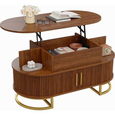 Table basse, table de salon, table à café, MDF, ovale, hauteur réglable, rangement, porte coulissante, piètement en tube d'acier, poignée en alliage de zinc. (1/4)