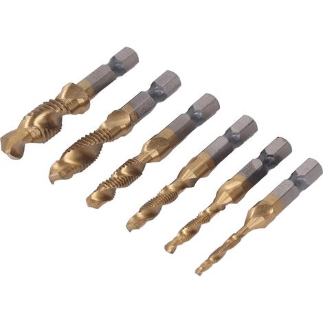 Ensemble de tarauds combinés à tige hexagonale 6 pièces, tarauds à cannelure hélicoïdale, outil de taraudage à filetage en acier haute vitesse (or) (1/5)