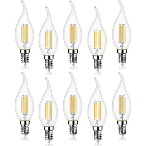 Pack of 10 4W E14 LED Filament Bulbs, Candle Flame, 2700K Warm White, Non-Dimmable, 360° Beam Angle (1/4)