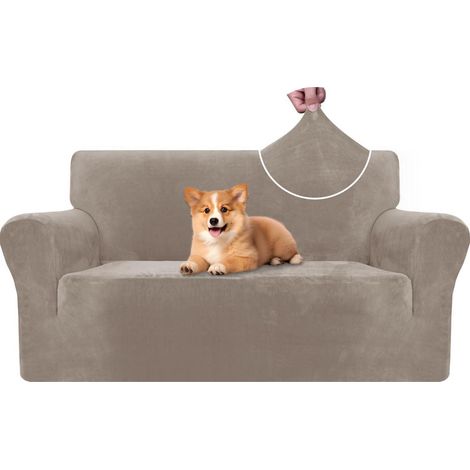 Samt Sofa Überzug 2 Sitzer, elastisch, rutschfest, Khaki (1/5)