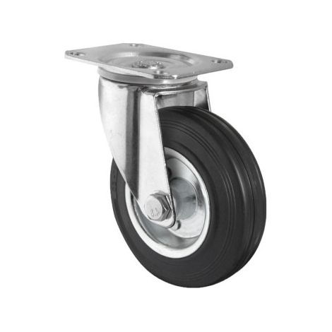 Rueda de goma y metal con placa giratoria con diámetros desde 80 mm hasta 125 mm para pesos de hasta 150 kg Ø125mm x 38mm Placa 105 x 80mm Taladro 9mm Alto 155mm 155kg