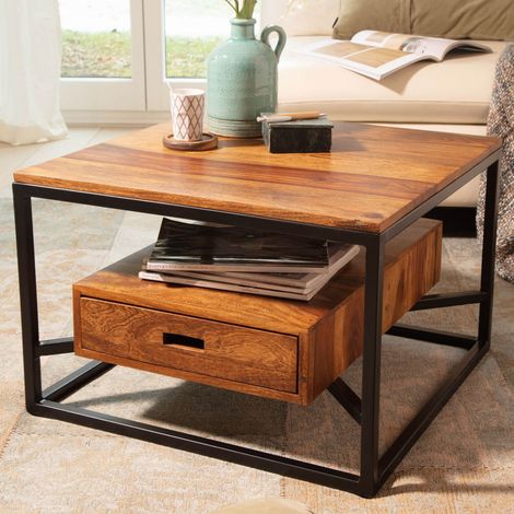 Table basse carrée 1 tiroir 60x60x40 cm en bois massif de sheesham