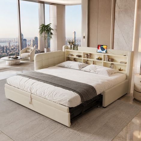 Letto singolo daybed 90x200 cm in lino beige, estraibile per cameretta, senza materasso - FLORAGRACE (1/5)