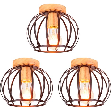 3 Pack Ceiling Light Vintage Retro in Wood Metal Ceiling Lamp E27 with Round Lampshade for Corridor Stairs Entrance Bedroom Black (1/5)