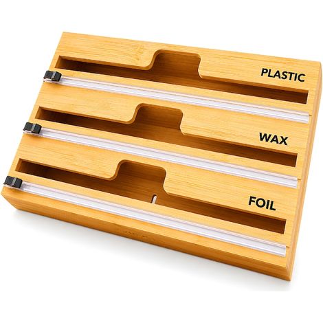 Porta rotolo di carta da cucina Stretch Master, con taglierina, organizer superiore, in legno, per carta da forno, fogli di alluminio, per cassetto o da appendere, marrone (1/5)