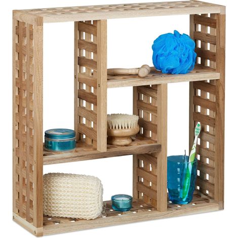 5 Étagère Murale de Salle de Bain en Bois 5 Compartiments Cuisine Bibliothèque Entrée Couloir Hxlxp, Bambou, Nature, 50 x 50 x 15 cm (1/5)
