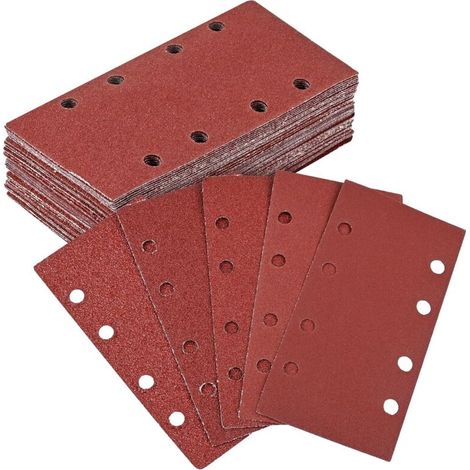 50 Pièces Disques Abrasifs 93 x 185mm, 8 Trous, 10x Grain 40/60/80/120/240, Papier Poncage pour Ponceuses Rectangulaires, Ponçage Optimal (Rot(P40/P60/P80/P120/P240))