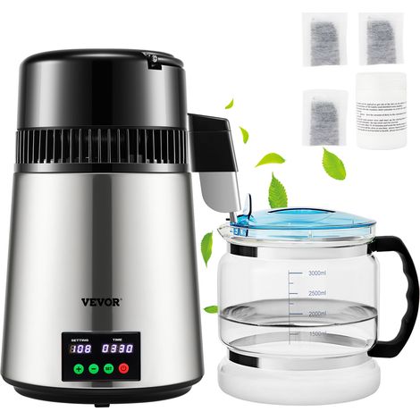 VEVOR Destilador de Agua 4 L Filtro de Destilación de Agua con Recipiente de Vidrio 750W 1 L/H Ajuste de Velocidad, Destilación Filtro Purificador 3582 g de Acero Inoxidable con Pantalla Doble, Plata