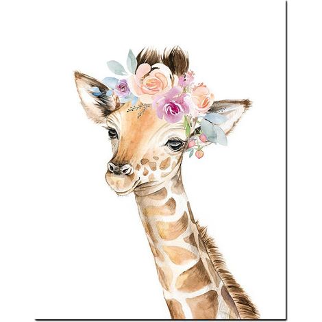 Tableau décoratif sur toile avec couronne de fleurs et animaux, affiche pour chambre d'enfant (girafe, éléphant, lion), motif animalier.