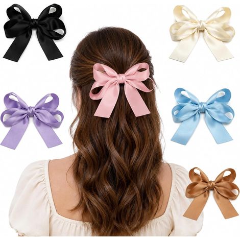 barrettes à nœud en satin avec longs rubans en six couleurs, 6 pièces, pour quotidien, photos, fêtes et coiffures, comme accessoire pour tresses, cheveux lâchés, photos et célébrations