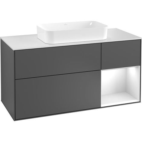 Finion, Muebles de baño, 1200 x 603 x 501 mm, Angular, con estantería (iluminada), modelo suspendido, En madera, lavabo en el medio, iluminación LED, 1x LED / 2.3W, 2700 K a 6480 K, Lacado Blanco Bril