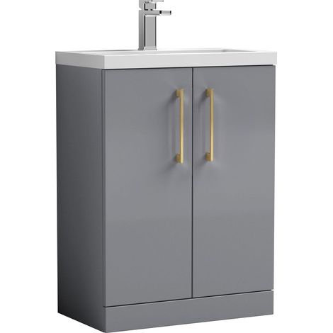 Balterley Bramshall Compact Bathroom Cloakroom Vanity Basin Unit with Polymarble Basin, Brushed Brass Handles, 600mm, Satin Grey