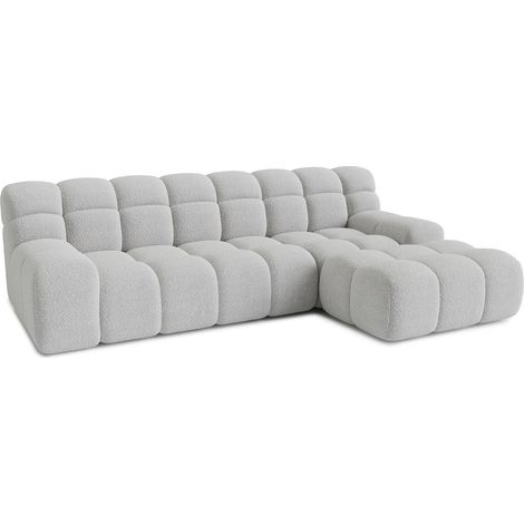 Mobilier Deco – Canapé d'angle tissu bouclette gris clair – Angle droit – Dossier matelassé – Assise profonde – Dimensions optimisées pour salons modernes