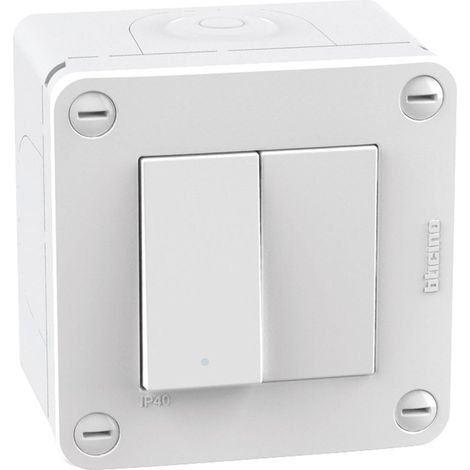 IDROGO Solutions d'installation Blanc S28402W1F Boîte IP40 2 modules - avec Interrupteur + Faux pôle