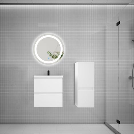 Ensemble meuble vasque L.50cm 2 tiroirs + lavabo + LED miroir rond 60cm + colonne,blanc,style (1/5)
