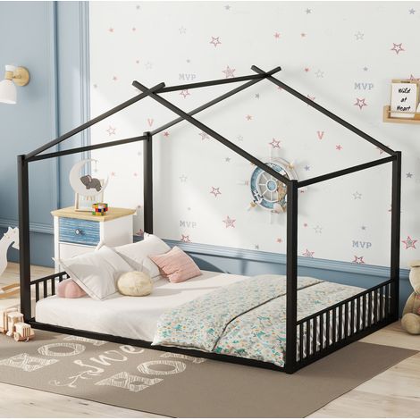 Letto 140x200 cm in Metallo Nero, Telaio a Forma di Casa per Bambino, Solido e Sicuro (1/5)