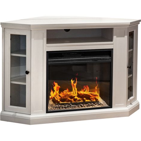 Camino elettrico caminetto da terra ad angolo MADISON in legno Bianco L126 x P78 x H83