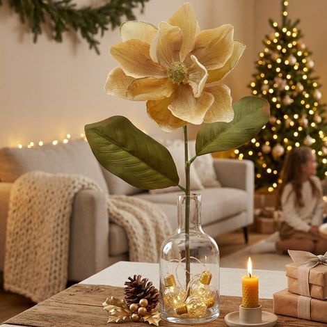 Fiore artificiale Magnolia color oro elegante con glitter per vasi e composizioni casa (1/3)
