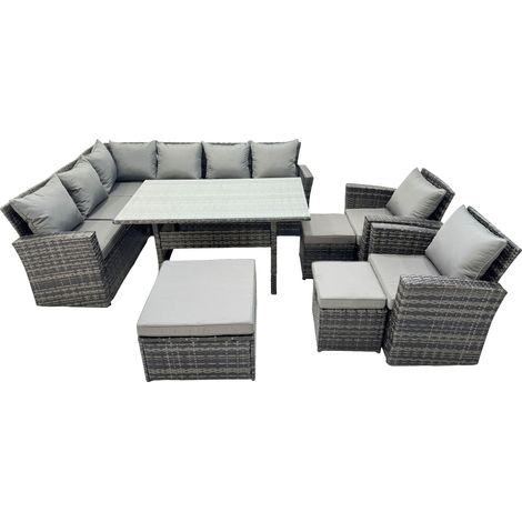 Fimous 11 Seat Rattan High Back Corner Sofa Set Patio Dining Table Set with 3 Stools 2 Chair Dark Grey Mixed (1/5)