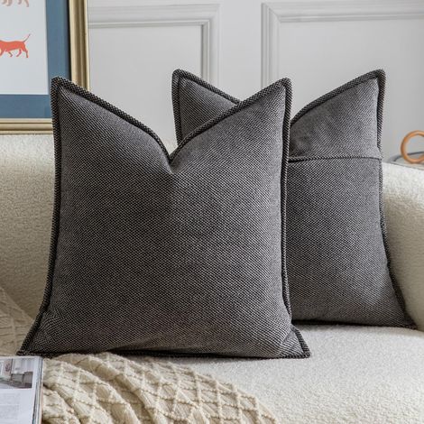 Lot de 2 Housses de coussin, Chenille, Bordure décorative, Doux, Salon Chambre, Gris Noir, 45x45 cm