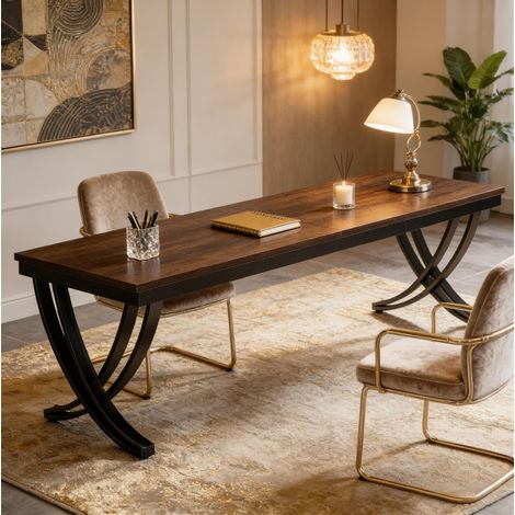 Scrivania doppia 200x70x75 cm in legno e metallo nero e marrone, piedi regolabili, FloraGrace (1/5)