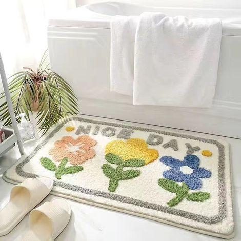 Tapis de bain antidérapant et absorbant – Tapis d’entrée lavable en fausse fourrure pour salle de bain, WC ou entrée (motif fleuri discret, 40 x 60 cm)-lsw