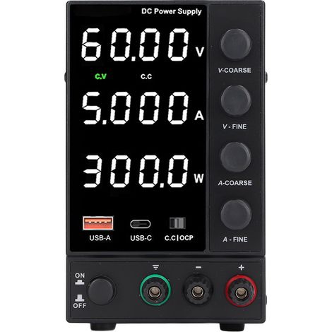Alimentation régulée CC réglable avec affichage numérique DPS305U, alimentation de bureau régulée avec encodeur, boutons de réglage grossier et fin, ports de charge rapide USB et Type-C, norme europée (1/5)