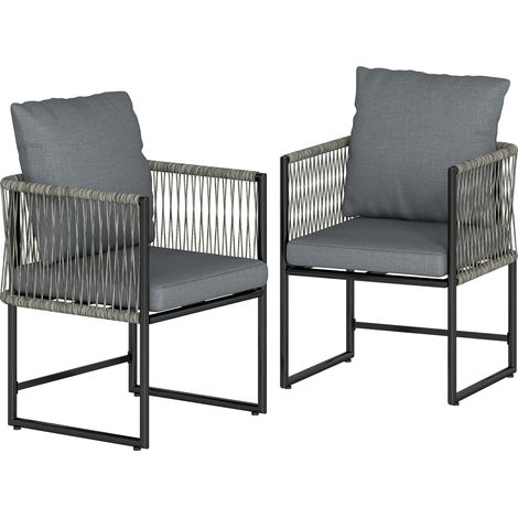 Gartenstuhl 2er Set wetterfest Gartenstühle aus Stahl PE-Rattan mit Kissen Armlehne Rückenlehne 52x52x66 cm Dunkelgrau