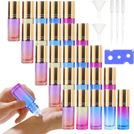 Roll-on-Flaschen für ätherische Öle: 25 Stück 5 ml farbige, leere Roll-on-Flaschen mit Trichter, Flaschenöffner und Strohhalm – Roll-on-Flaschen aus Glas für ätherische Öle
