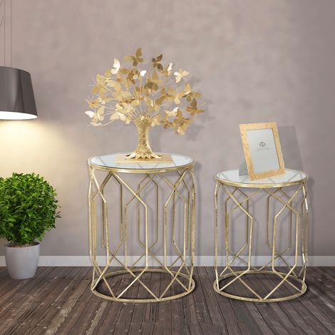 Couchtisch Set Gamalema, 2-teilig, Rund, Tischplatte Transparent, 42x42x53h cm, Gold (1/5)