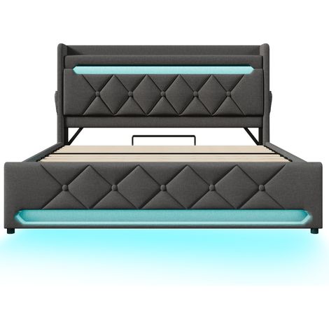 Cama 180 x 200 cm gris efecto lino, cabecero USB/Type-C, LED 360° y estructura de hierro (1/5)