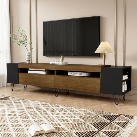 Moderner TV-Schrank 180 x 36 x 43 cm, seitliche und vordere Ablagefächer, einzigartiges Farbblock-Design, Braun+Schwarz