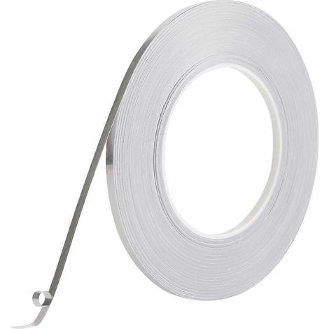 Ruban adhésif en polyester métallisé argenté 50 m x 5 mm, effet brossé métallique, pour bordures de miroirs, moulures et bandes de calfeutrage autocollantes. (1/5)