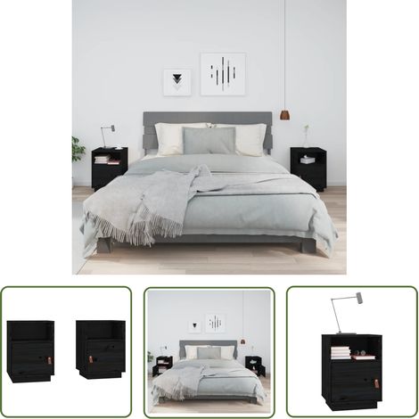 The Living Store Tables de chevet 2 pcs Noir 40x34x55 cm Bois de pin massif - Table De Chevet - Meuble De Chambre - Commode - Nuit - Bois Massif (1/5)