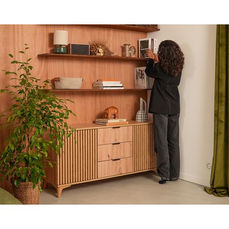 Bestmobilier – Buffet bas effet bois 150 cm – 3 tiroirs et 2 portes – Résistant à l’humidité et aux rayures – Design contemporain (1/4)