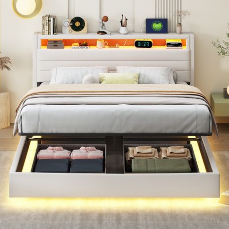 Lit coffre160x200, lit rembourré, lin beige, sommier suspendu hydrauliquement, lit double multifonctionnel avec prise USB,LED, tête de lit réversible (1/5)