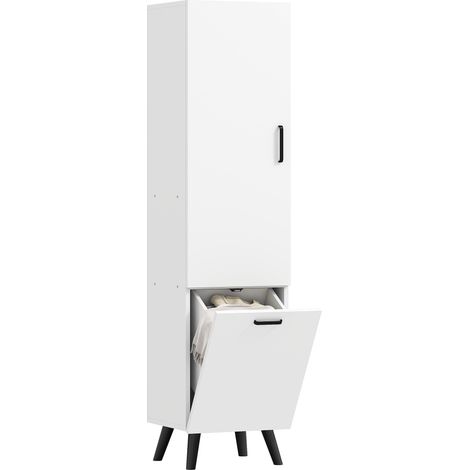 Armoire blanche 35x31,5x144 cm avec portes, étagères et panier à linge pour petits espaces, meuble salle de bain fonctionnel et compact