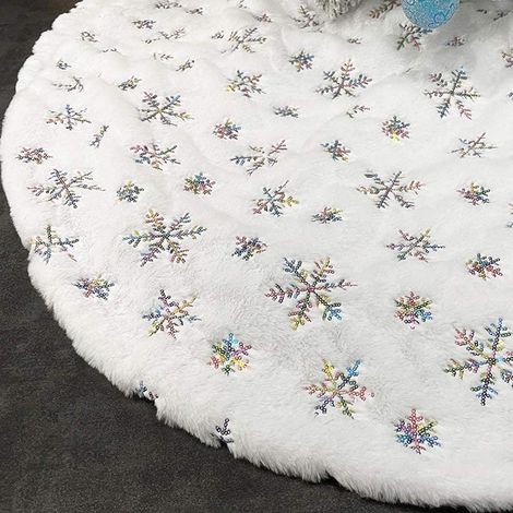 Nouveautés de Noël : Jupe de sapin blanche, 90 cm, décoration de sapin de Noël blanche en peluche brodée de sequins, flocons de neige brodés colorés, 150 cm.