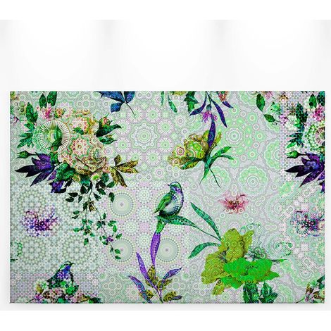 Tableau style exotique vert et violet | Tableau sur toile tendance coloré et fleuri | Tableau oiseau et fleur pour couloir et chambre - 0,9 x 0,6 m (1/5)