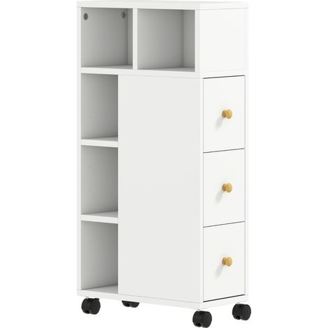 Meuble de salle de bain étroit blanc sur roulettes, avec 3 tiroirs et 5 niches ouvertes, rangement gain de place 20 x 40 x 80 cm, CHICFURN (1/5)
