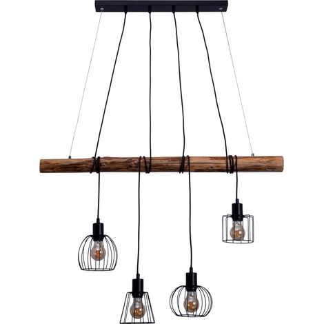 Suspension 4 lampes en métal et bois noir et naturel E27, luminaire suspendu 100 cm - PANGIVO (1/5)