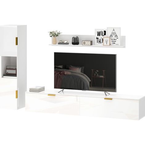 Meuble TV suspendu blanc brillant 180 cm avec portes à charnières, centre multimédia et étagère murale
