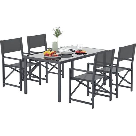 Ensemble repas 5 pièces en acier pour 4 personnes, table en verre et 4 chaises pliantes, couleur grise (1/5)