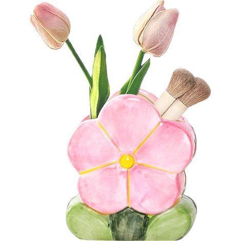 Porte Pinceau de Maquillage, Pot à Crayon en Céramique, Vase en Forme de Fleur Chandelier Bougeoir pour Fleurs, Bougies, Pinceaux Cosmétique Papeterie (Rose, 10.9L x 12.4H x 7.1W cm) (1/5)