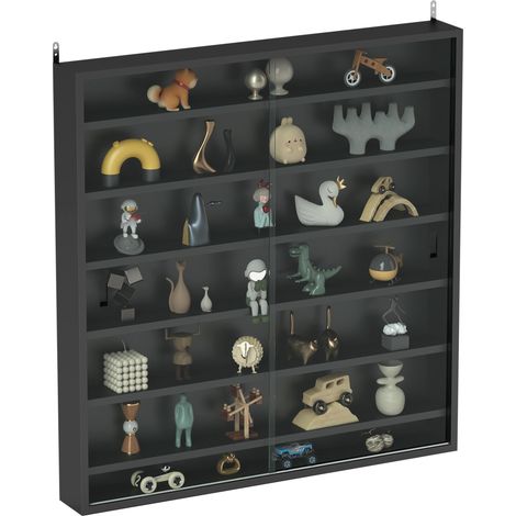 Tableau d'affichage en bois à 6 niveaux réglable avec portes vitrées, 80 x 9,5 x 83 cm, noir idéal pour salon, chambre à coucher ou bureau en bois massif solide et élégant