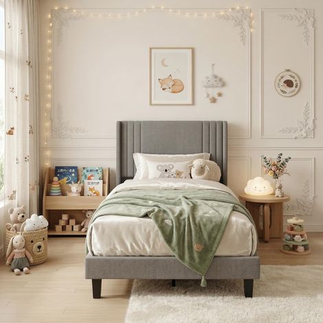 Lit Simple enfant 90x200 cm, tissu en lin, tête de lit côtelée, lattes en bois et cadre en métal, style scandinave, Gris