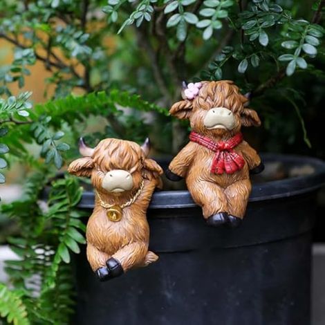 Lot de 2 cache-pots de fleurs en résine représentant une vache et une tortue des Highlands, décoration pour jardin, clture, terrasse, pelouse, joli pot de fleurs à suspendre, utilisation en intérieur (1/5)