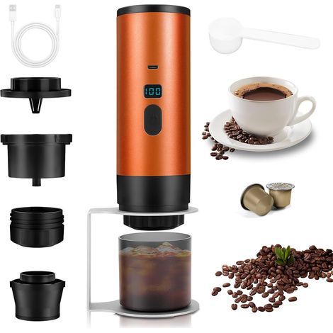 3-in-1 Cordless Portable Espresso Machine with Rechargeable Battery, Automatic Compatibility with Small and Large Capsules, Compact Travel Espresso Machine, Orange (1/5)